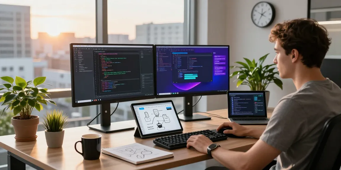KoboldAI developer workspace with dual monitors showcasing coding and AI application in a modern office environment.
