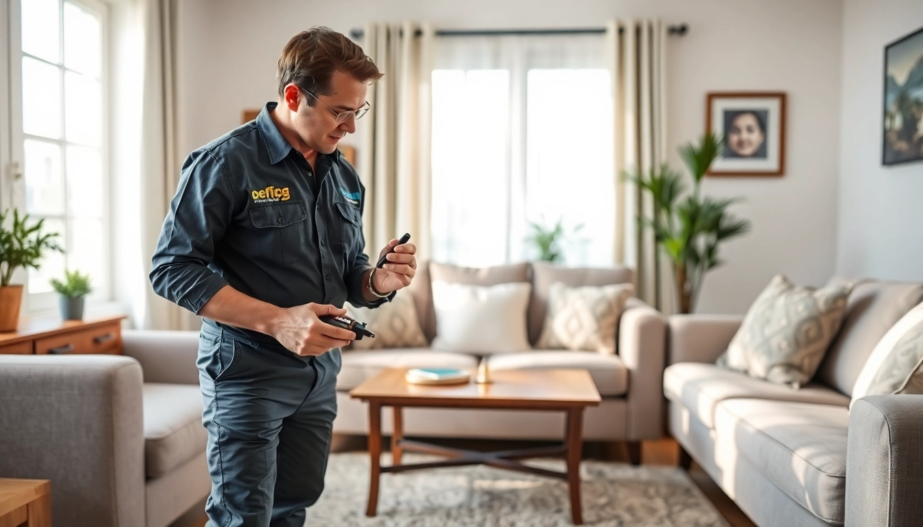 Bed bug company near me technician inspecting furniture in a cozy room for bed bugs.