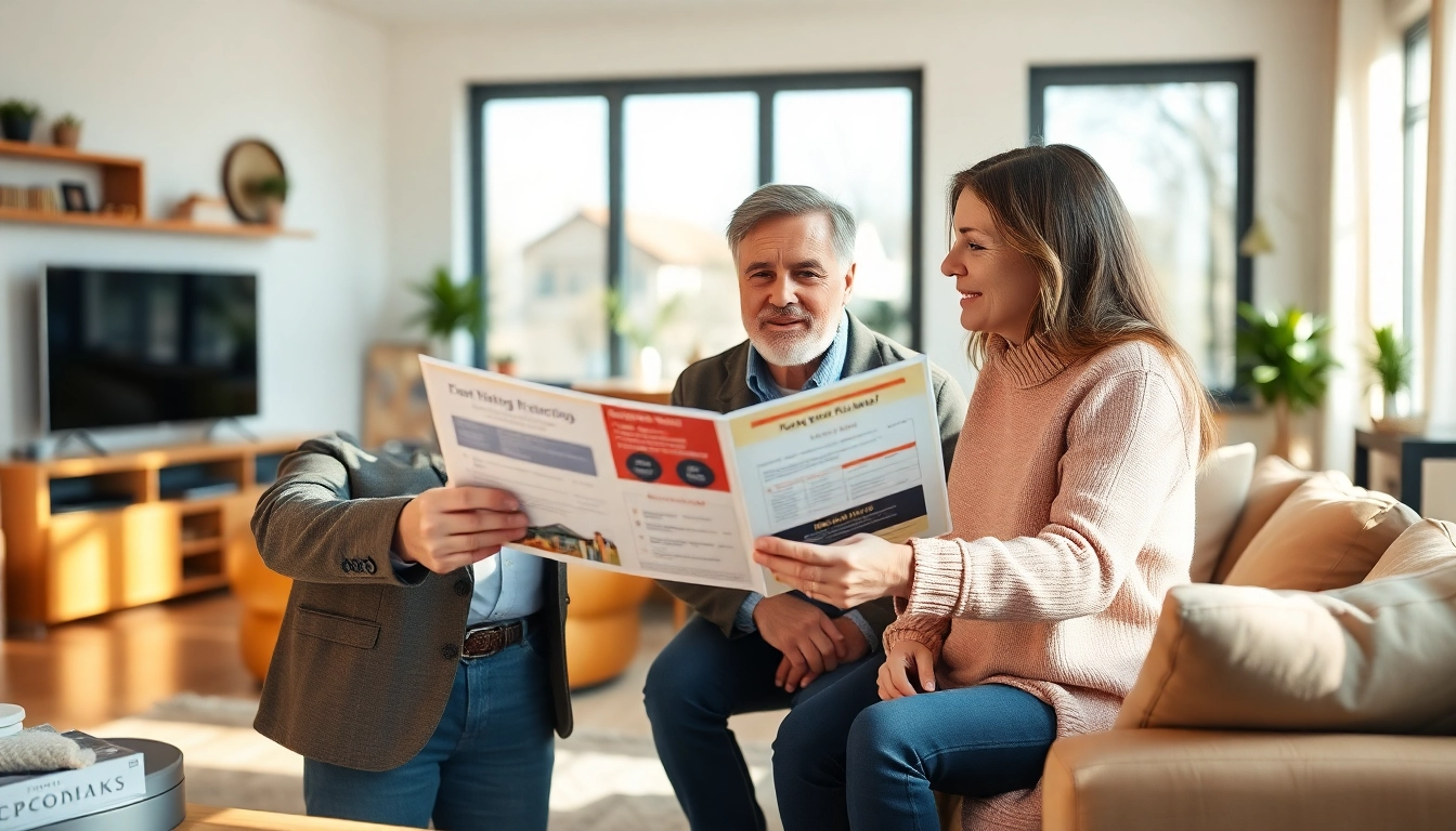 Discussing financing for heating options with a consultant in a bright living room.