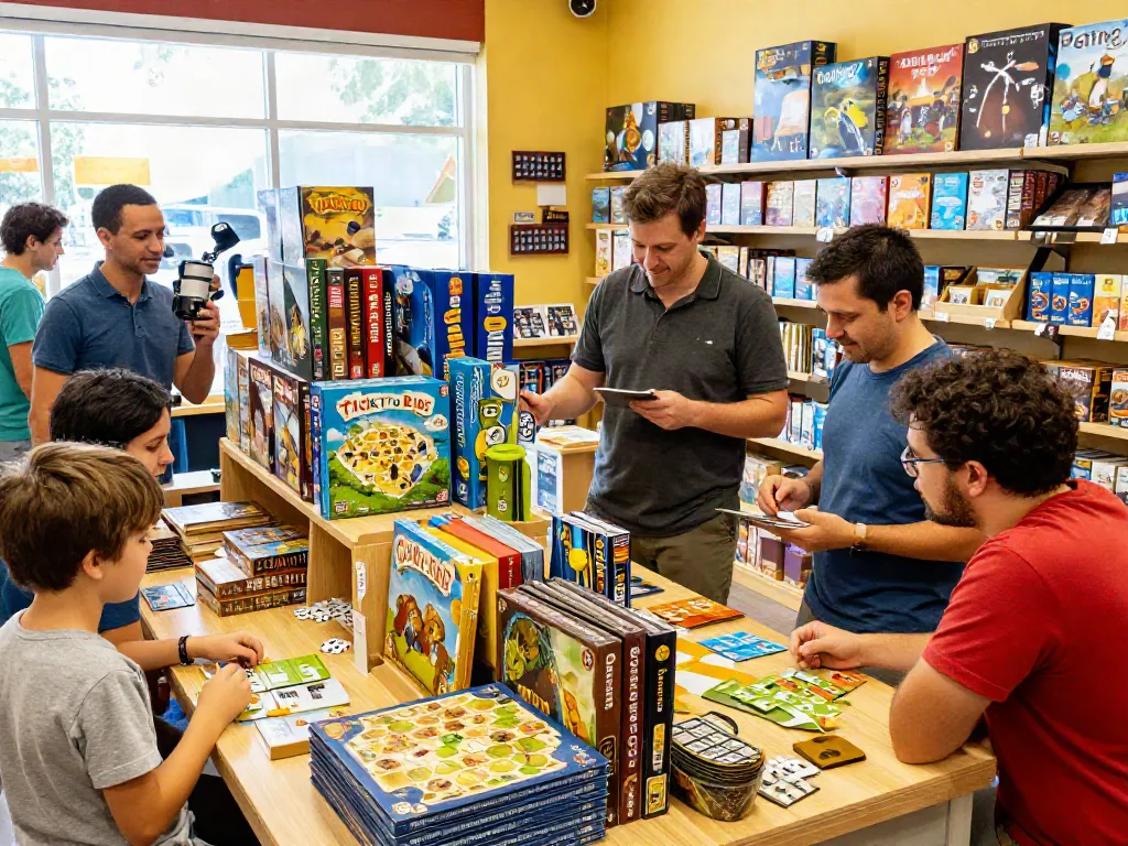 Exciting game store atmosphere showing popular board games and friendly interaction.