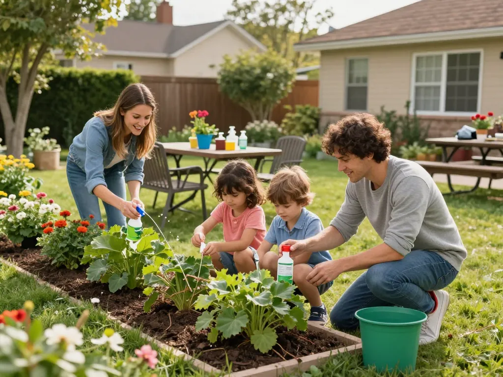 Pest prevention measures in a family backyard with kids learning safe pest control practices.