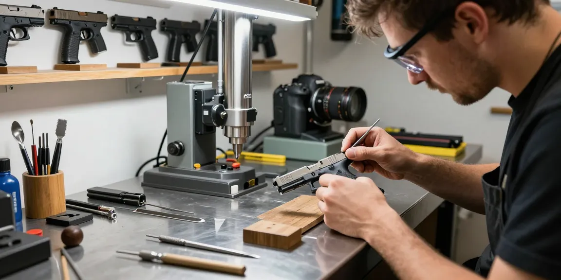 Custom Glock slide work showcased at https://precisionglockslides.com in a professional workshop environment.
