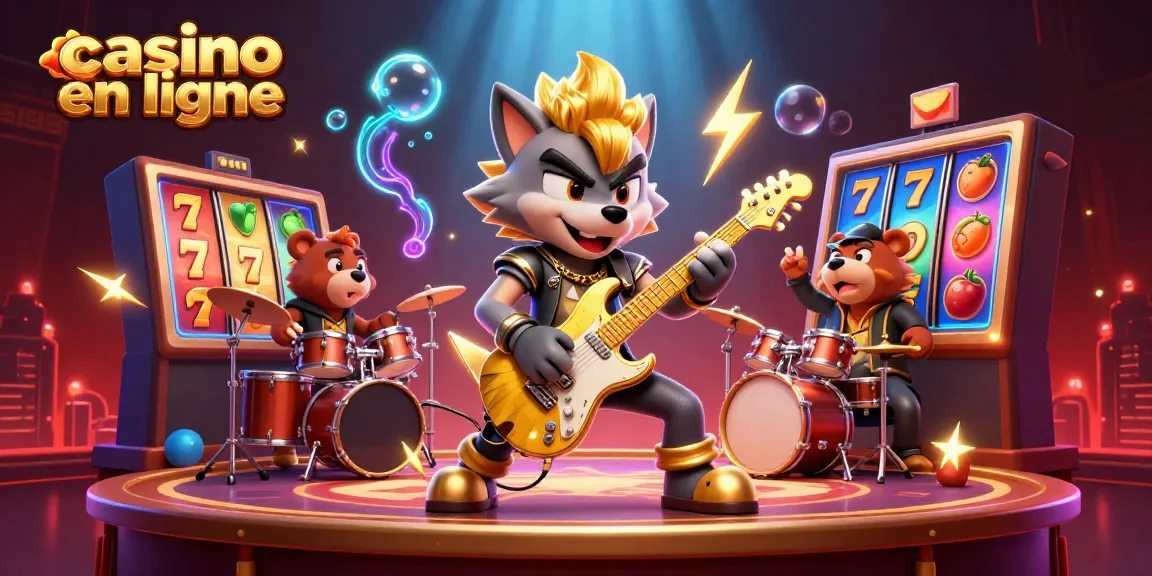 Profitez de l'animation de casino en ligne avec un loup rock star et un ours batteur sur scène.
