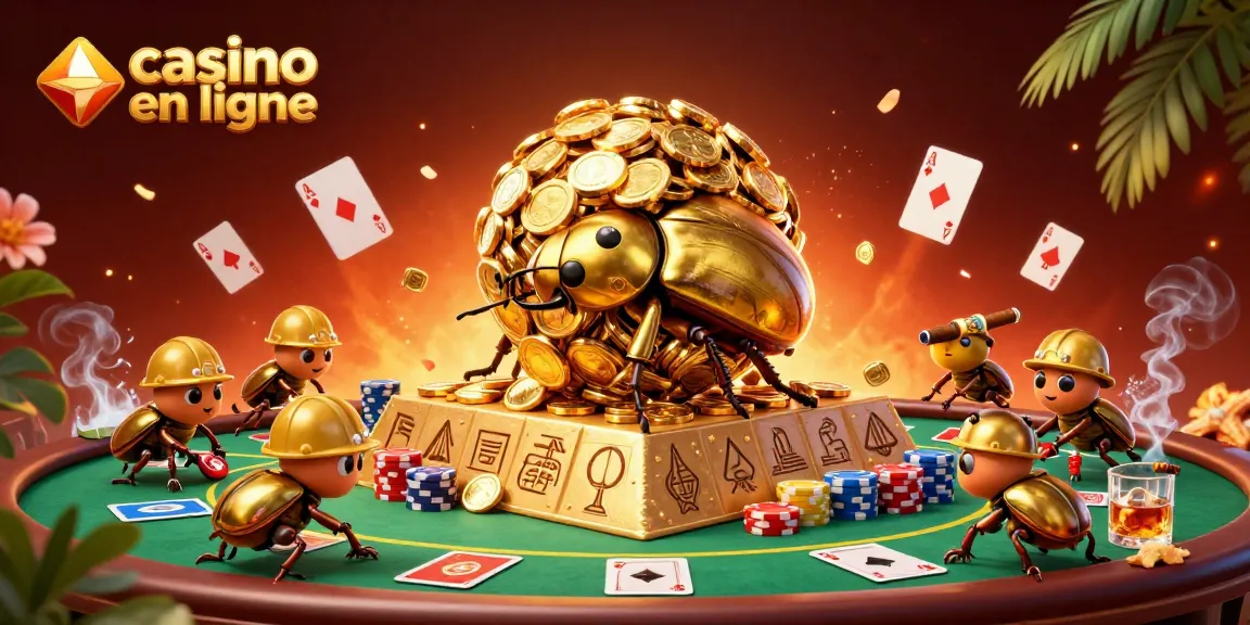 Jouer à casino en ligne avec cette illustration 3D d'un scarabée doré dans une pyramide de pièces
