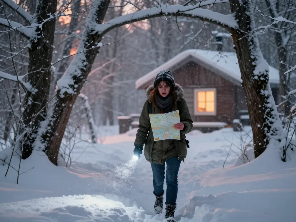 Woman lost in the Dead of Winter forest, facing a blizzard, searching for help.