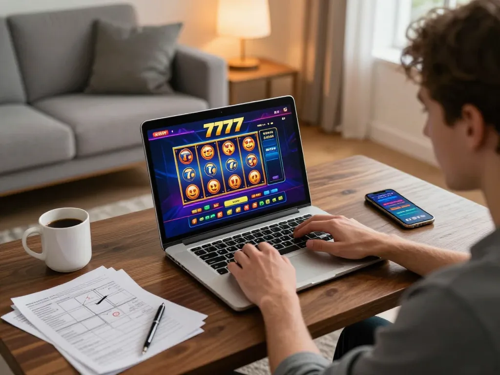 Engaging in thrilling slot777 gameplay on a laptop with cozy home setup and strategy notes.