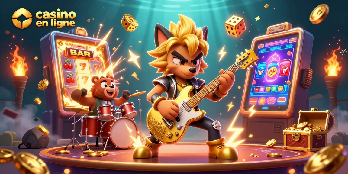 Jouez à des jeux de casino en ligne avec un loup rockstar et un ours batteur, entourés de machines à sous et d'éléments de casino.