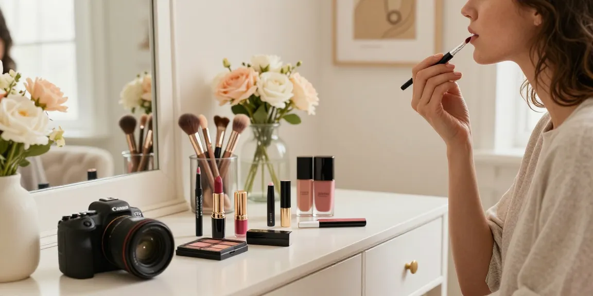 Beauty enthusiast using a lip blending brush to apply lipstick for a flawless finish while surrounded by Skone Cosmetics products.