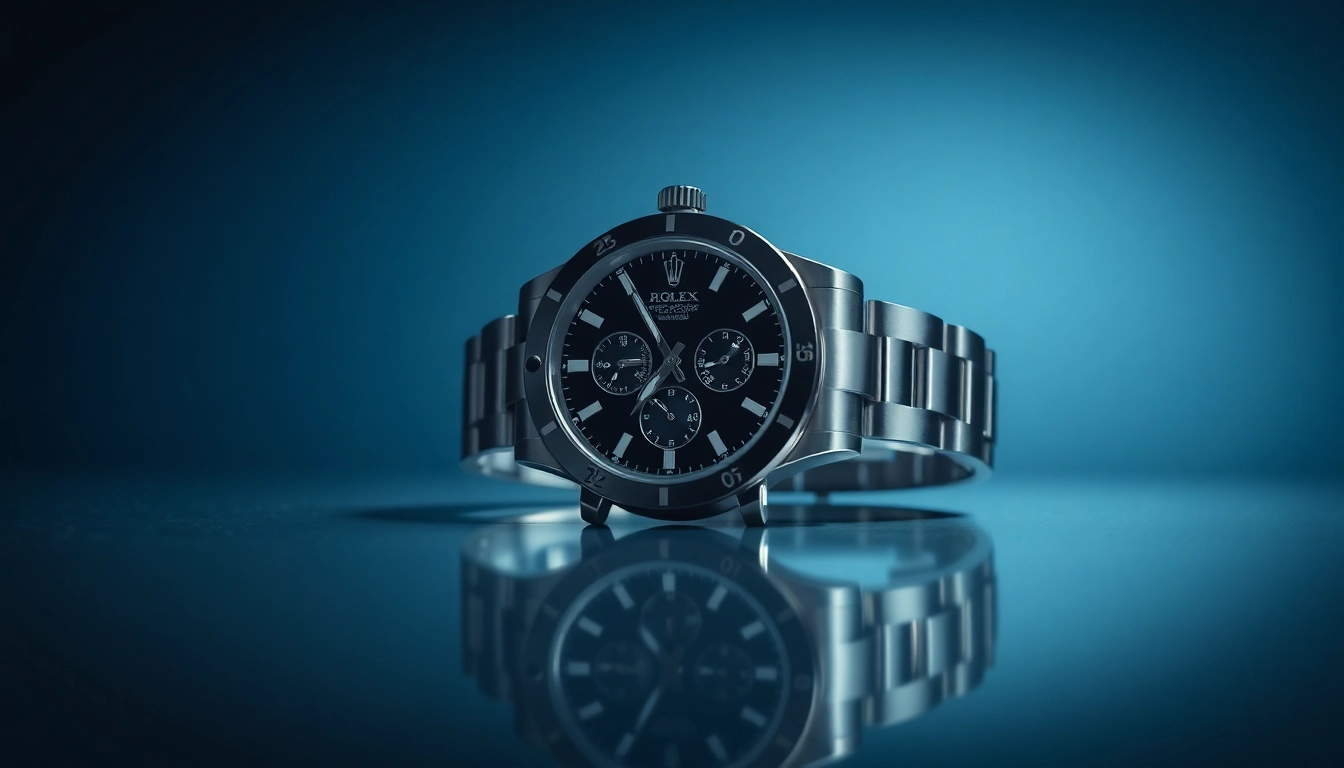 Showcase a luxury rolex replica watch highlighting its detailed craftsmanship and elegant design.
