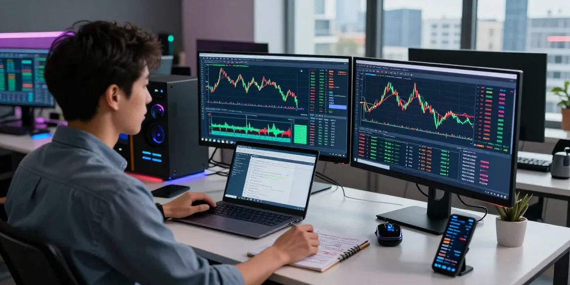 Trader analyzing live currency charts on MetaTrader 4 in a modern office.