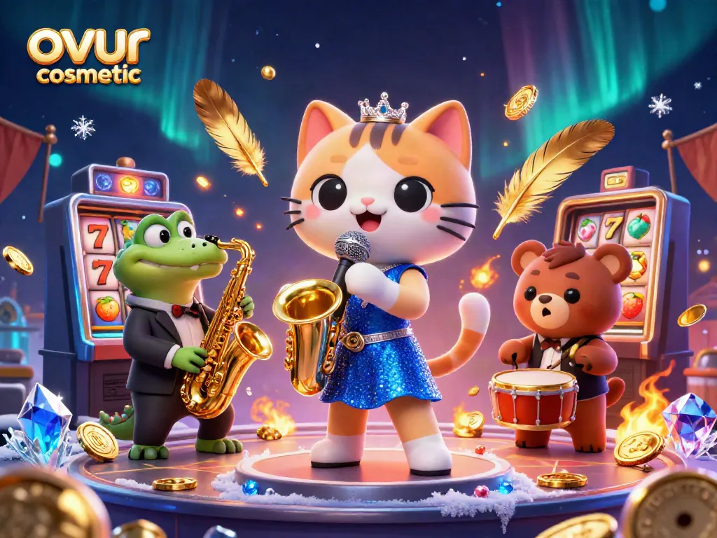 Win prizes with ovur cosmetic in a lively casino scene featuring colorful characters.
