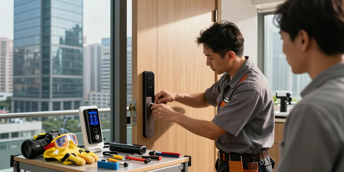 Expert locksmith services Hong Kong in action, replacing a door lock in a city setting.