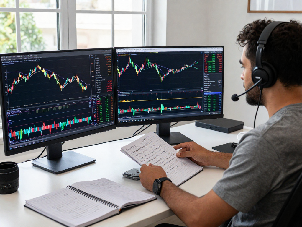 TradingView 多屏幕分析的交易工作空间，展示实时市场趋势和指标，充满专业氛围。