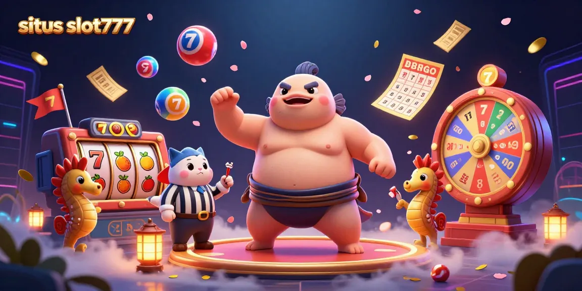 Engage with the excitement of situs slot777 through an action-packed 3D casino illustration showcasing lively characters and vibrant game elements.
