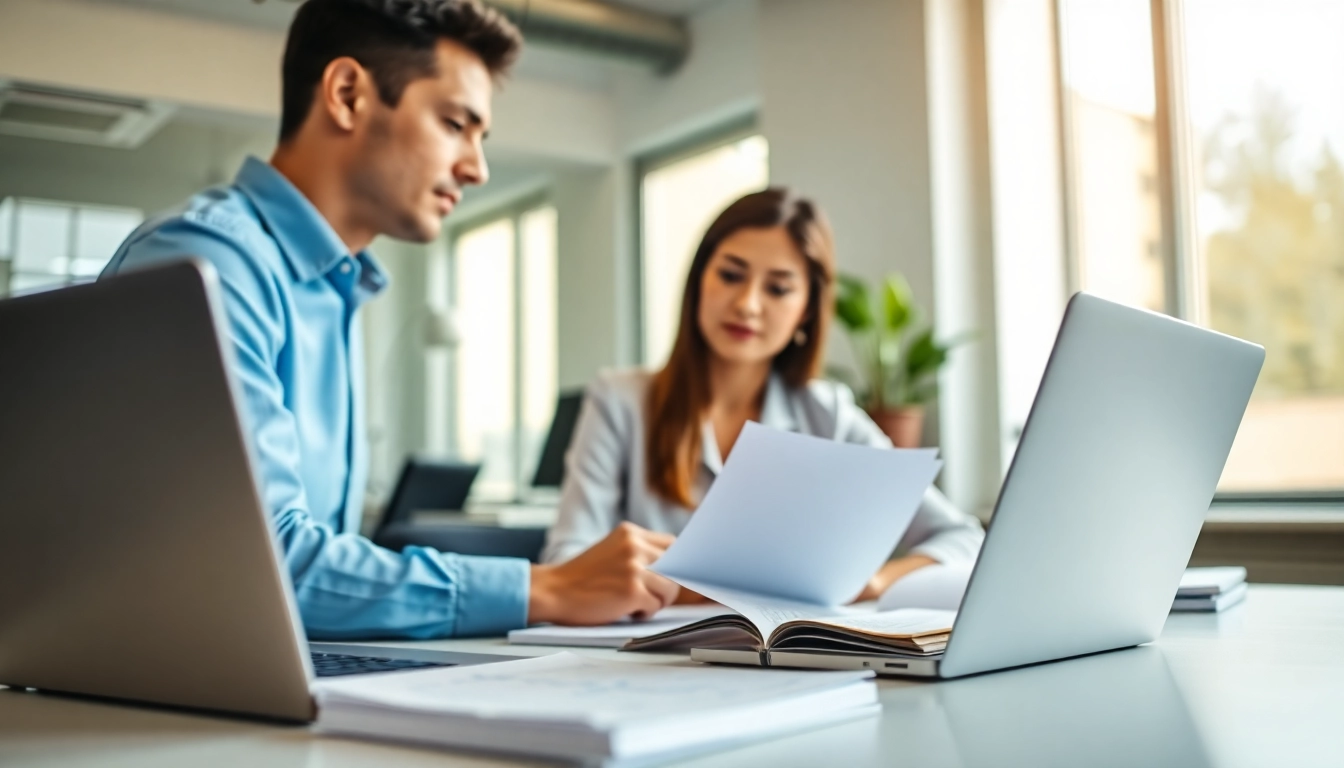 Engaged toefl test takers for hire reviewing notes in a bright office.