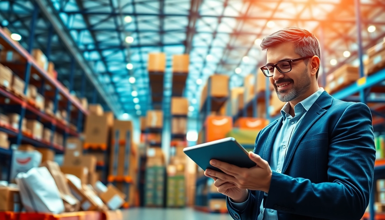 A visual representation of amazon company overview, depicting e-commerce operations with a businessperson analyzing data amidst a dynamic marketplace.