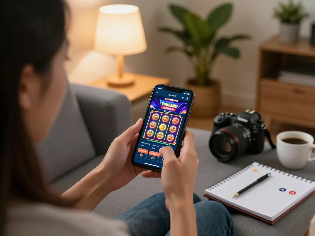 Engaging in slot thailand gaming on a smartphone in a cozy living room.