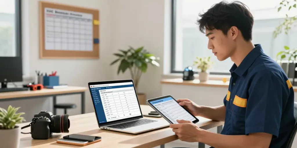 HVAC Business Software enhancing technician efficiency in a modern office setting with tools and job orders displayed.