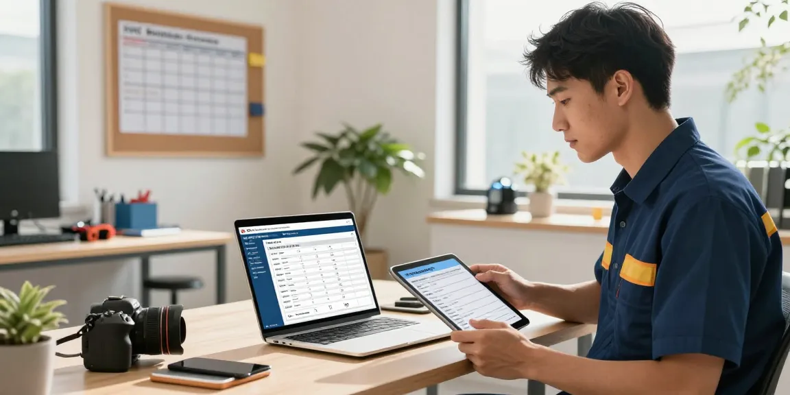 HVAC Business Software enhancing technician efficiency in a modern office setting with tools and job orders displayed.