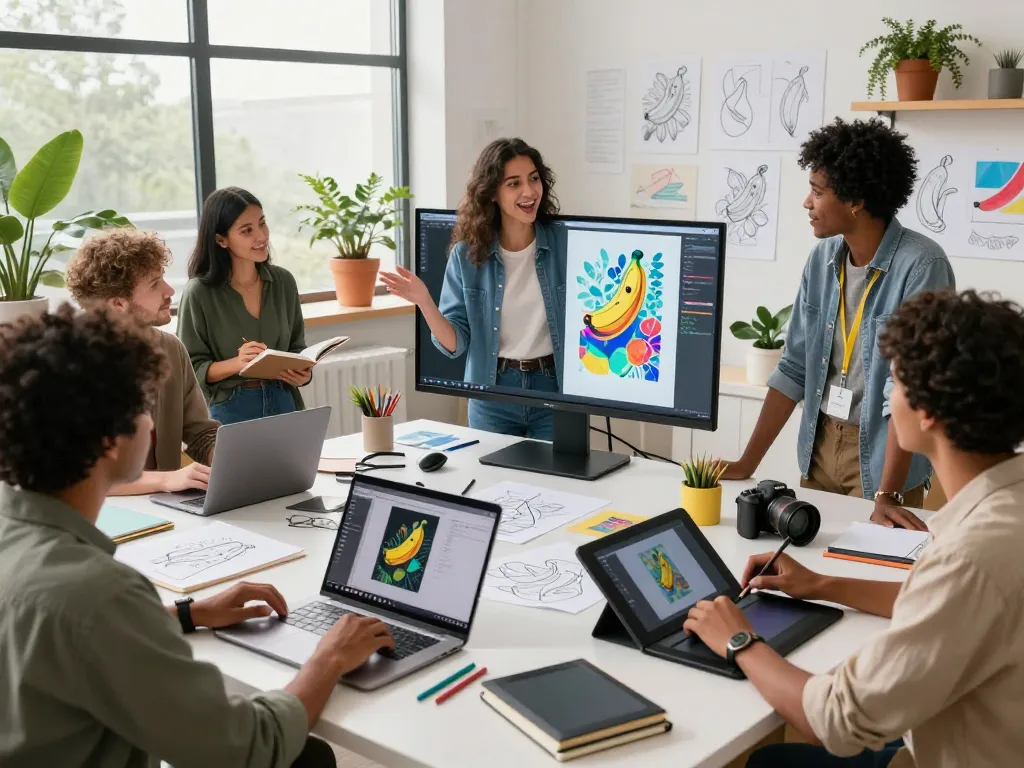 Artists collaborating on nano banana AI image projects in a vibrant creative workspace.