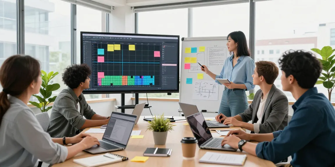 Team brainstorming on a digital mixboard in a vibrant office environment.