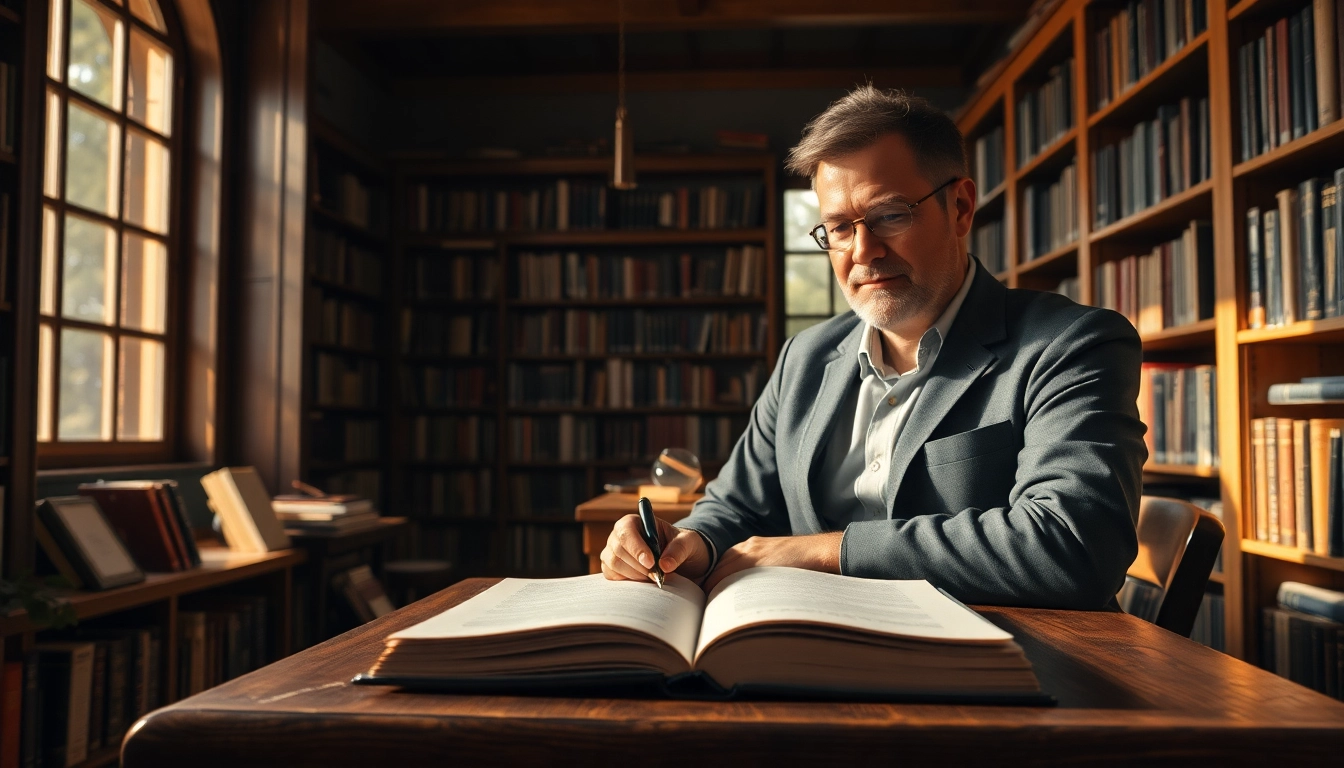 Author writing in a cozy library, surrounded by books and natural light.