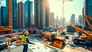 Manhattan Construction Manager analyzing plans at a busy construction site, showcasing teamwork.