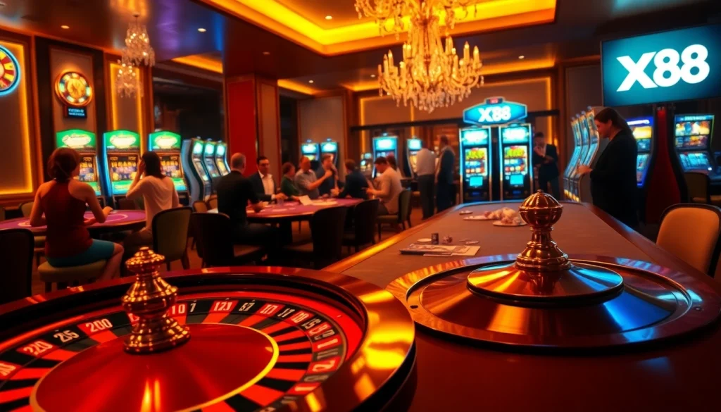 Experience the excitement of Nhà cái XX88 with players at tables and a thrilling roulette wheel in action.