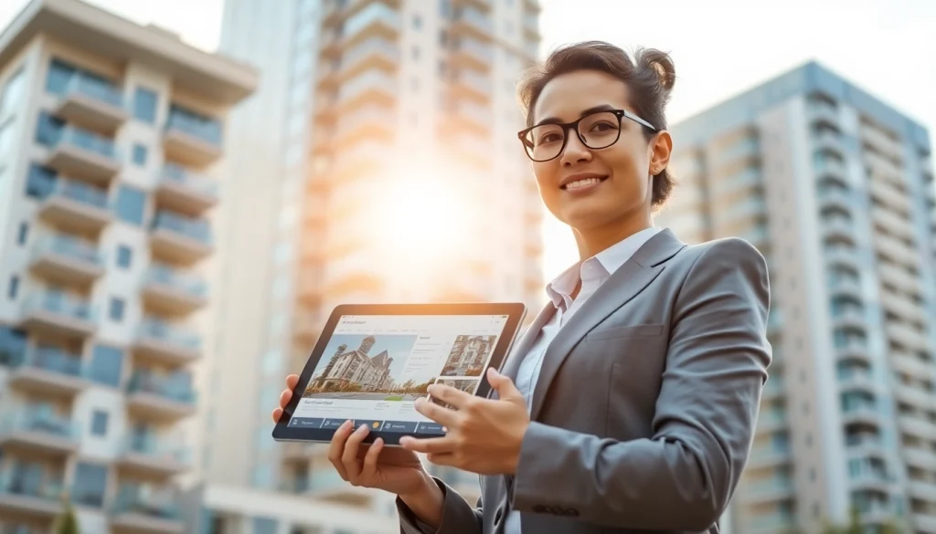 Real Estate agent showcasing properties in an upscale environment with bright daylight.