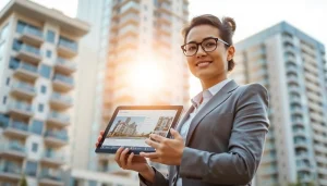 Real Estate agent showcasing properties in an upscale environment with bright daylight.