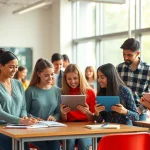 Engaging Education scene showcasing diverse students collaborating in an interactive classroom environment.