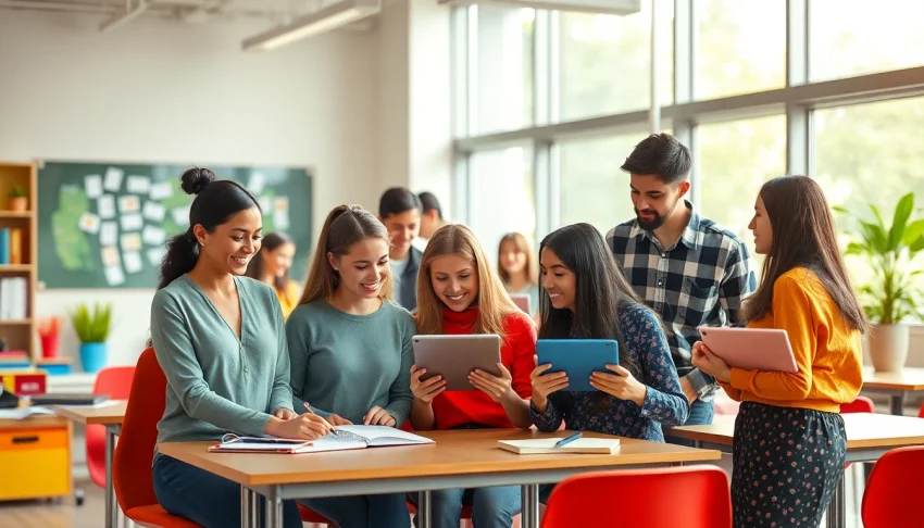 Engaging Education scene showcasing diverse students collaborating in an interactive classroom environment.