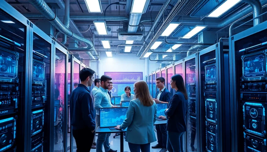 Innovative team collaborating in a high-tech cloud mining facility showcasing top cloud mining technology.
