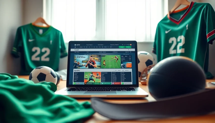 Engaging view of online sportsbooks India displayed on a laptop among sports equipment.