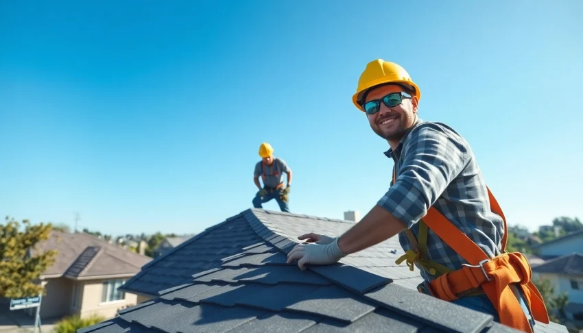Showcasing professional roofing services, a skilled roofer installs a durable roof in an urban neighborhood.