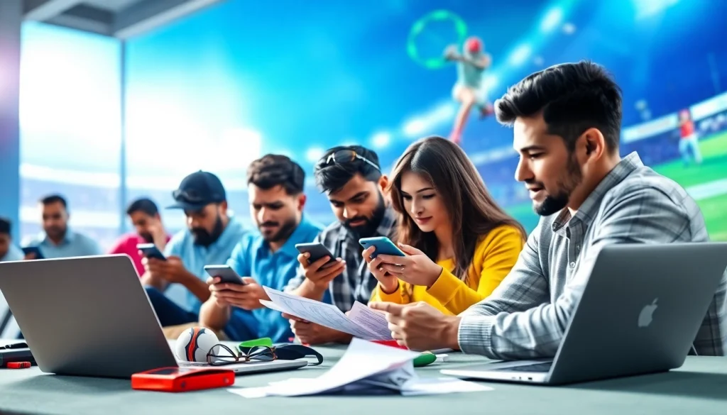 Engaging users interacting with online sportsbooks India on various devices showcasing vibrant sports visuals.