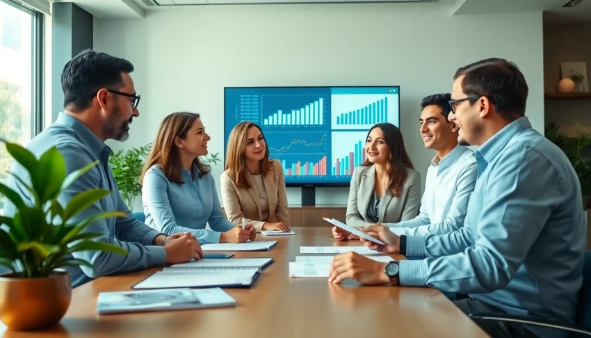 Engaged team strategizing tax planning and wealth management in a modern office.