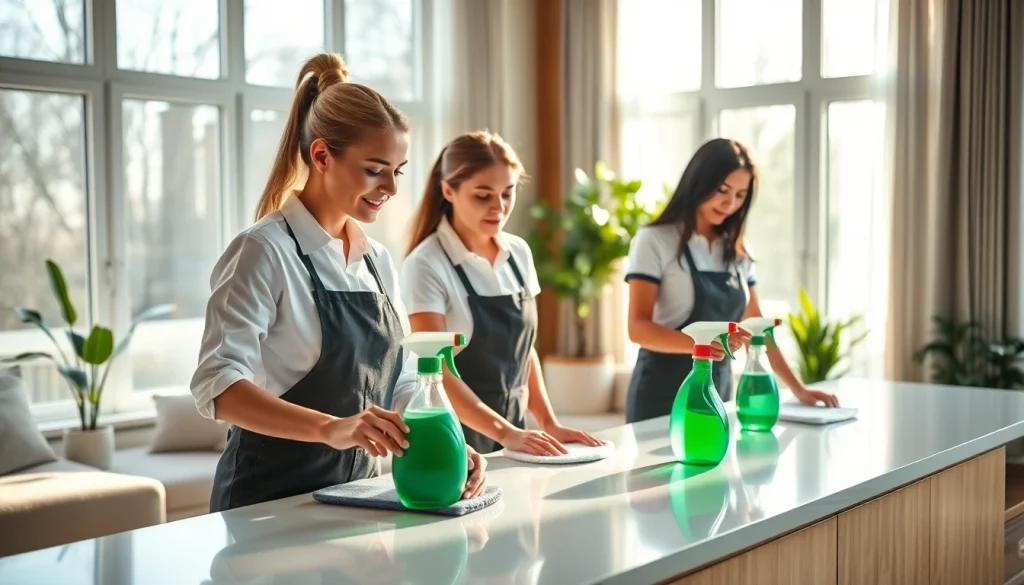 Cleaning Service team working diligently in a bright living room, highlighting eco-friendly solutions.