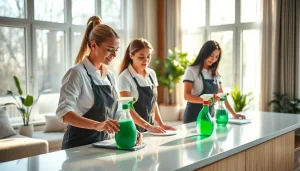 Cleaning Service team working diligently in a bright living room, highlighting eco-friendly solutions.