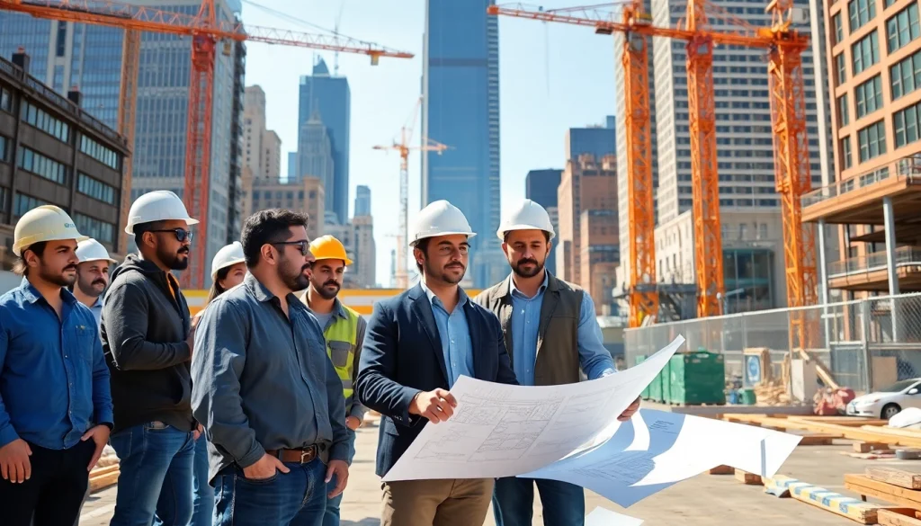 Showcasing New York City Commercial General Contractor overseeing a construction site with crew and plans.