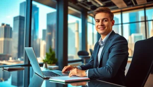 Job in Chicago: Engaged job seeker on a video call in a bright office.