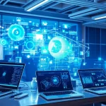Illustration of technology showcasing innovative devices and digital interactions in a modern workspace.