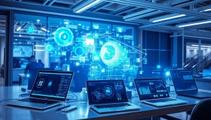 Illustration of technology showcasing innovative devices and digital interactions in a modern workspace.