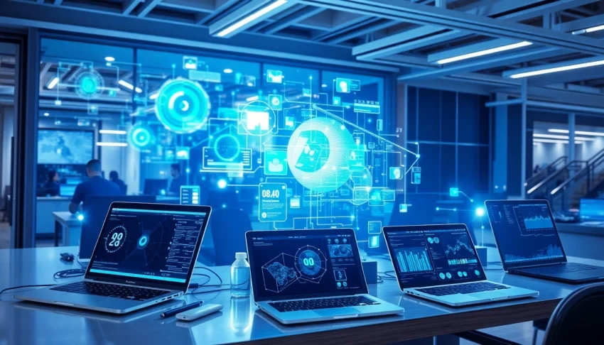 Illustration of technology showcasing innovative devices and digital interactions in a modern workspace.