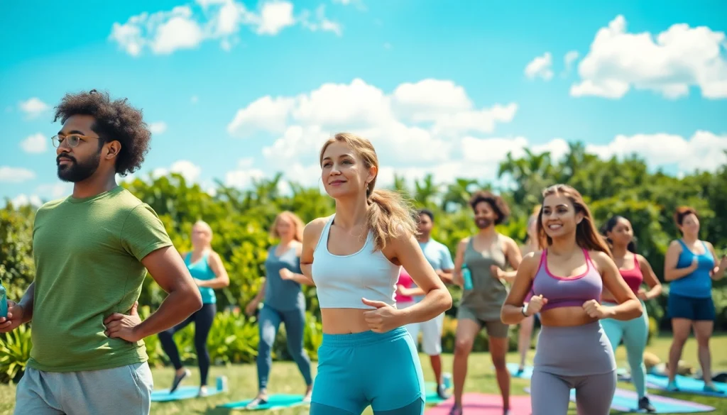 Promoting Health through diverse fitness activities outdoors in a vibrant community setting.