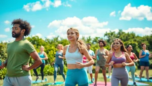 Promoting Health through diverse fitness activities outdoors in a vibrant community setting.