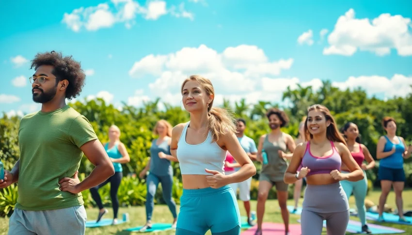 Promoting Health through diverse fitness activities outdoors in a vibrant community setting.