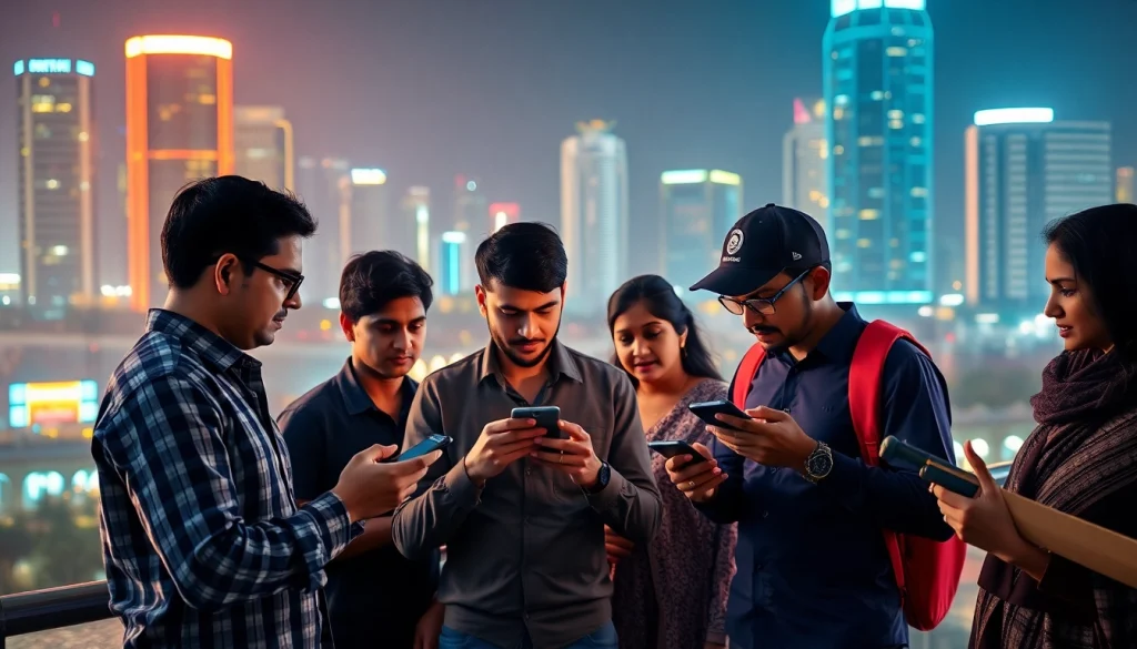 People engaging with online sportsbooks India in an urban betting atmosphere with vibrant lights and sports props.