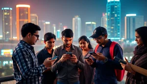 People engaging with online sportsbooks India in an urban betting atmosphere with vibrant lights and sports props.