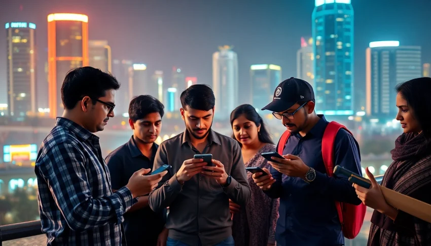 People engaging with online sportsbooks India in an urban betting atmosphere with vibrant lights and sports props.